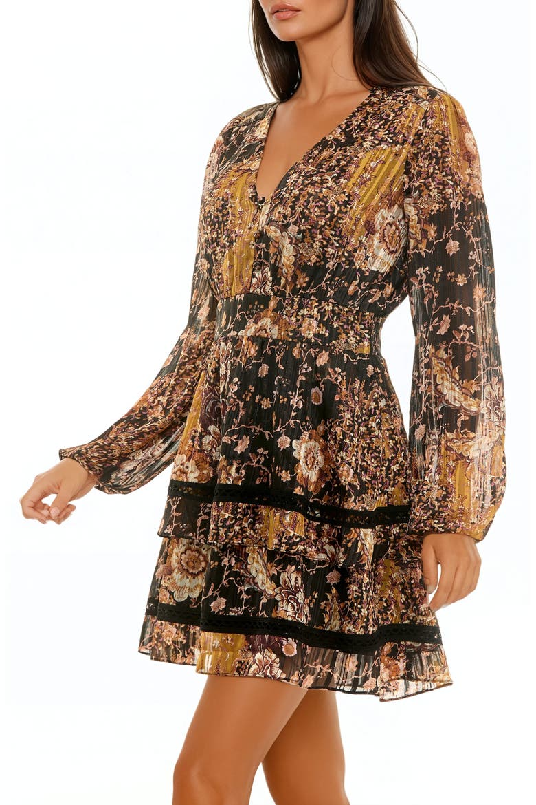 Mixed Print Tiered Hem Long Sleeve Minidress, Alternate, color, BLACK/ MUSTARD