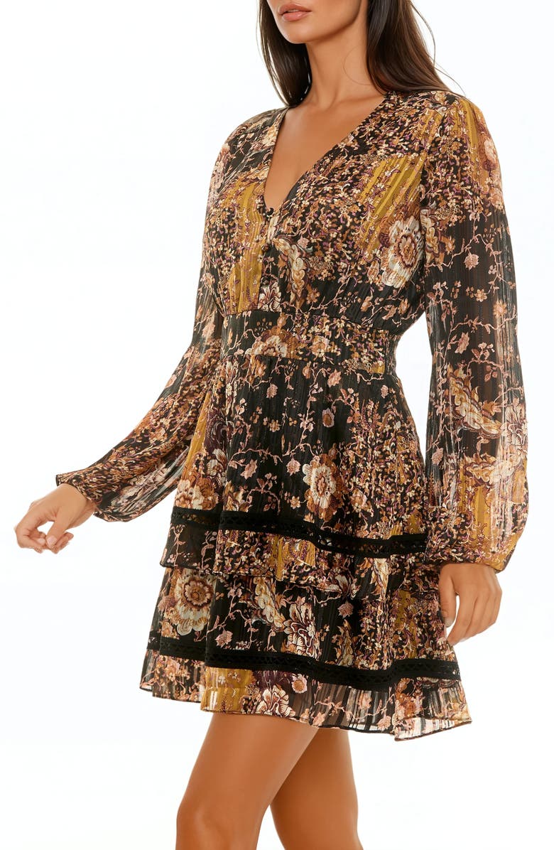 Socialite Mixed Print Tiered Hem Long Sleeve Minidress, Alternate, color, Black/ Mustard