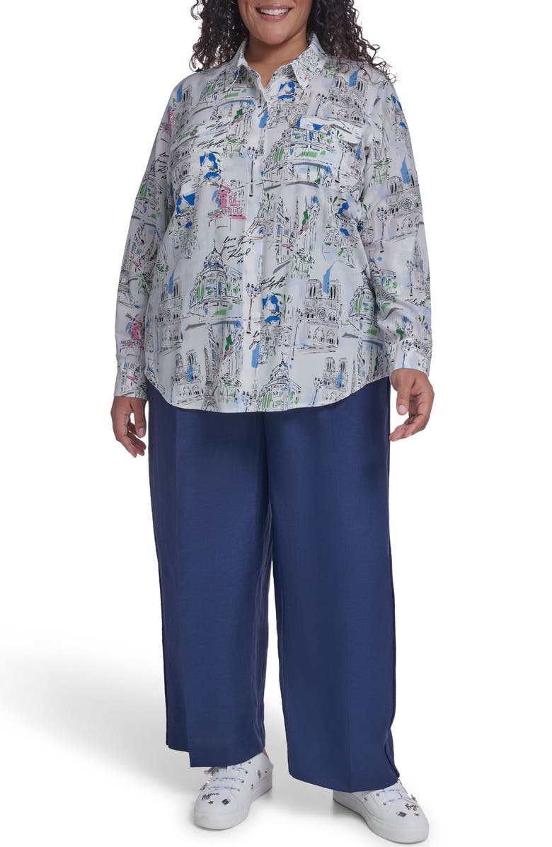 KARL LAGERFELD PARIS Oversize Printed Button-Up Shirt, Alternate, color, Soft White Multi
