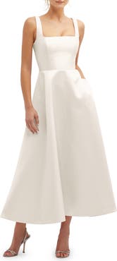 Dessy Collection Square Neck Sateen Midi Gown