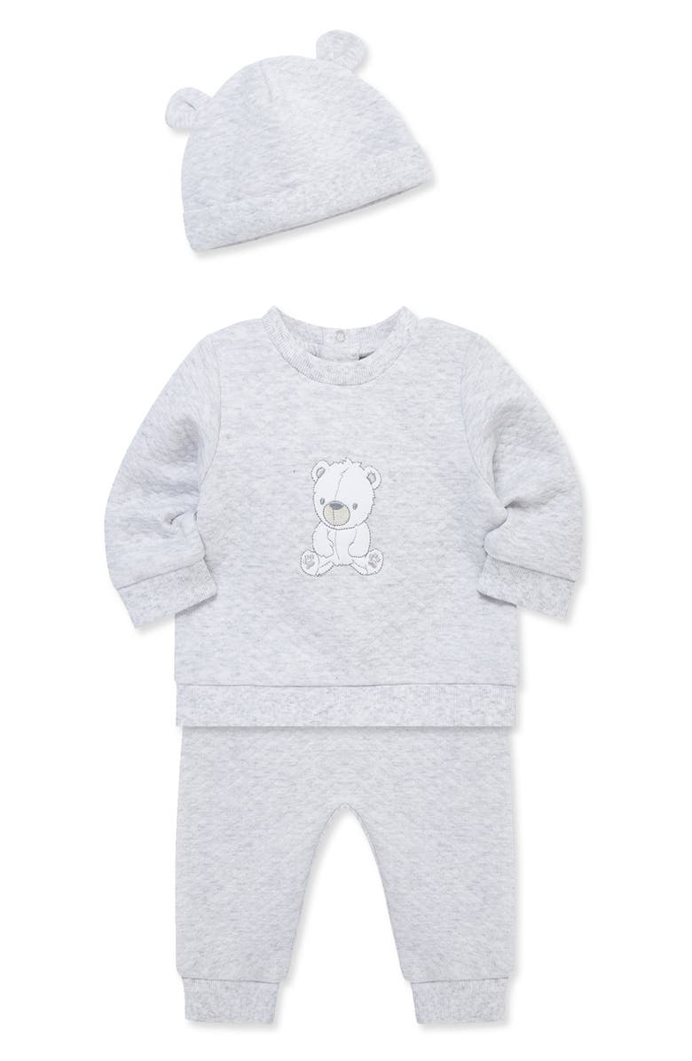 Little Me Bear Sweatshirt, Joggers & Hat Set, Alternate, color, Grey