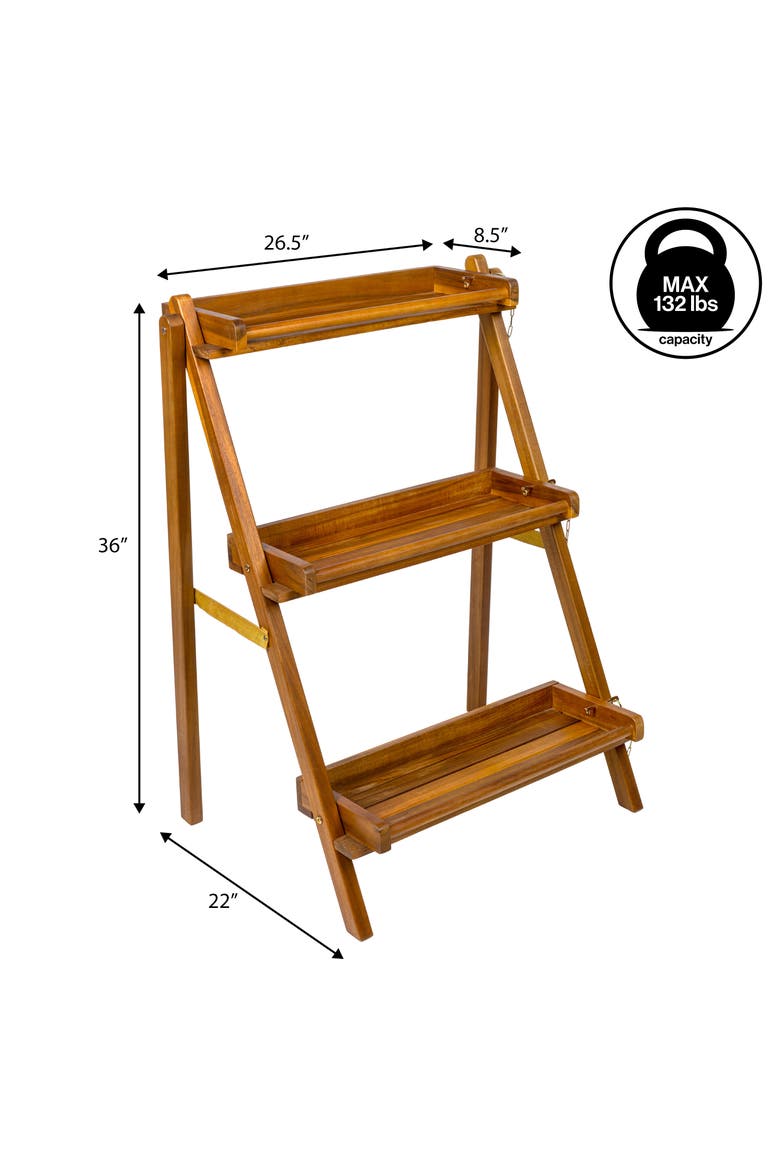 Hollis 3-Tier Acacia Wood Indoor/Outdoor Foldable Compact Freestanding Ladder Plant Stand Display Rack Shelf, Alternate, color, Natural
