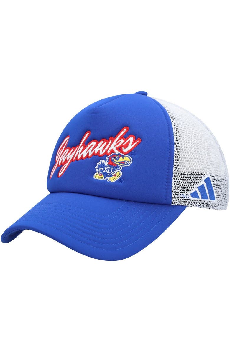 adidas Men's adidas Royal Kansas Jayhawks Script Trucker Snapback Hat, Main, color, Royal