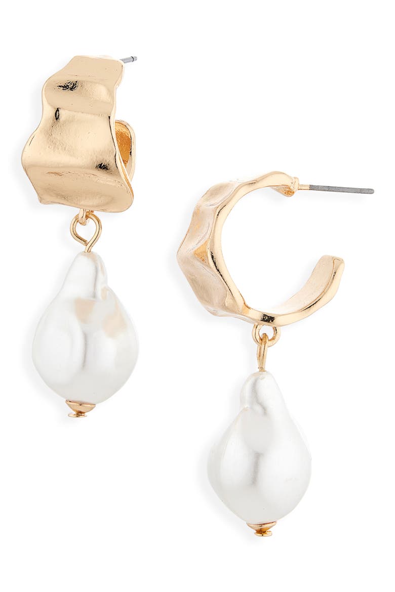 Faux Pearl Drop Molten Hoop Earrings, Main, color, WHITE- GOLD