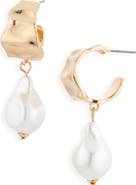 NORDSTROM RACK Faux Pearl Drop Molten Hoop Earrings