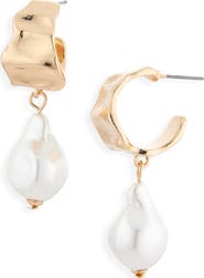 NORDSTROM RACK Faux Pearl Drop Molten Hoop Earrings