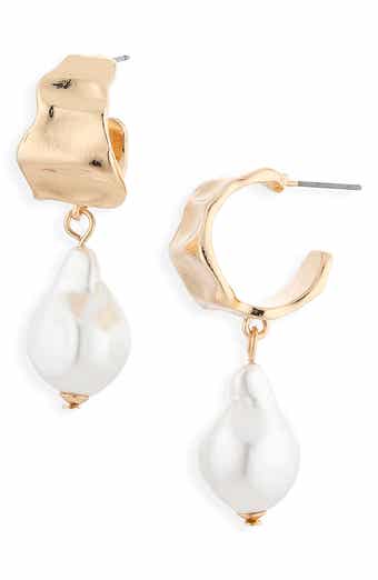 Faux Pearl Drop Molten Hoop Earrings