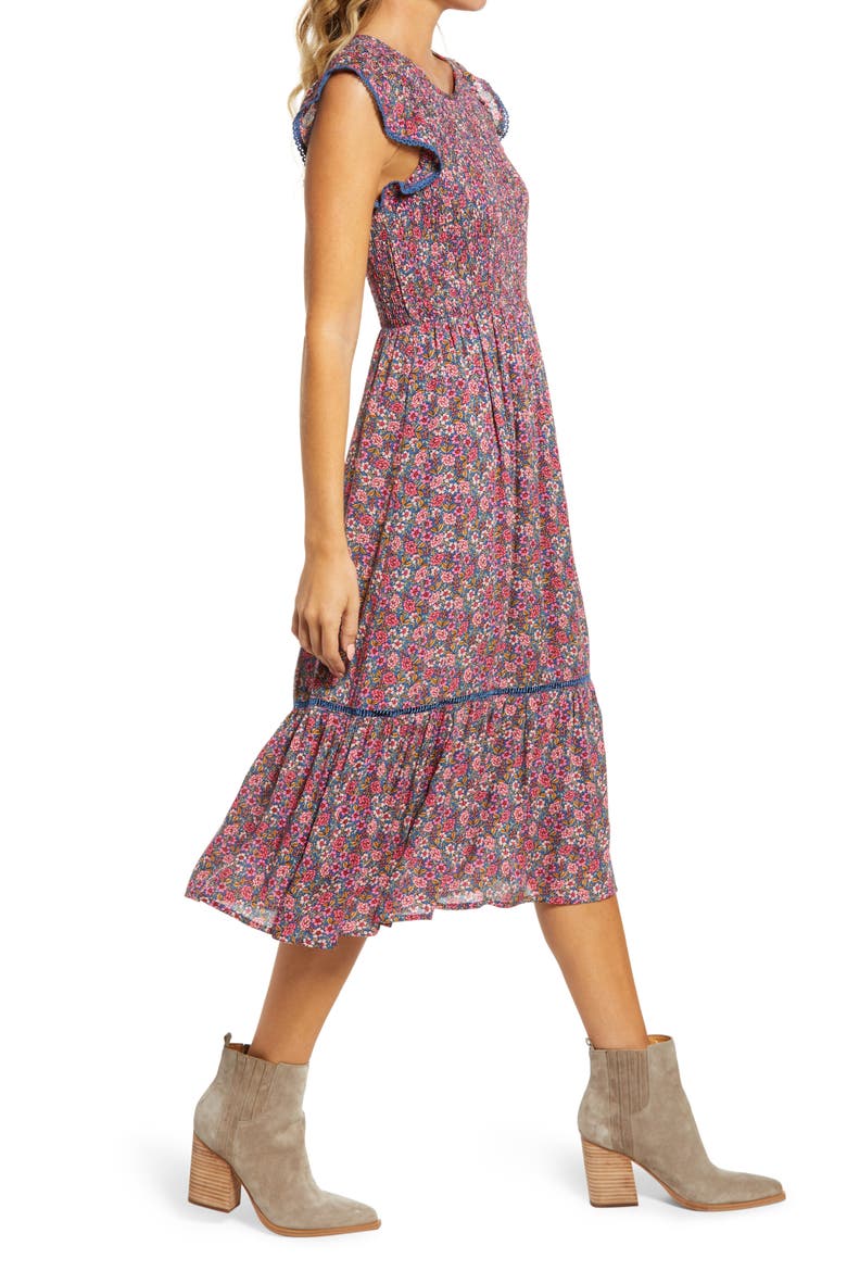 Orchid Print Smocked Midi Dress, Alternate, color, BLUE MULTI