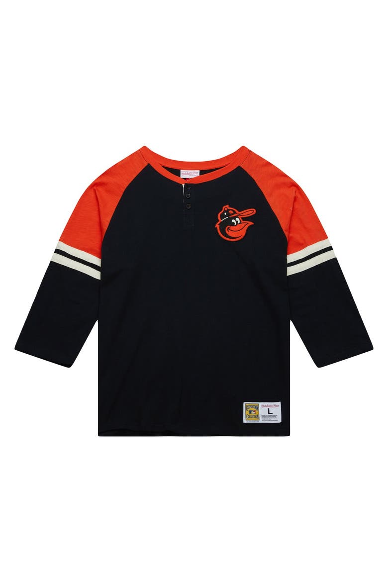 Men's Mitchell & Ness Black Baltimore Orioles Cooperstown Collection Legendary Raglan Slub Henley 3/4-Sleeve T-Shirt, Alternate, color, Black