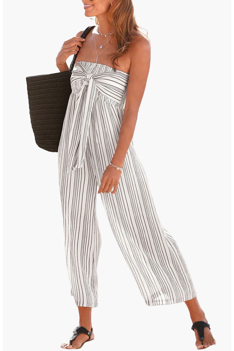 Tie Front Culotte Jumpsuit, Main, color, White & Grey