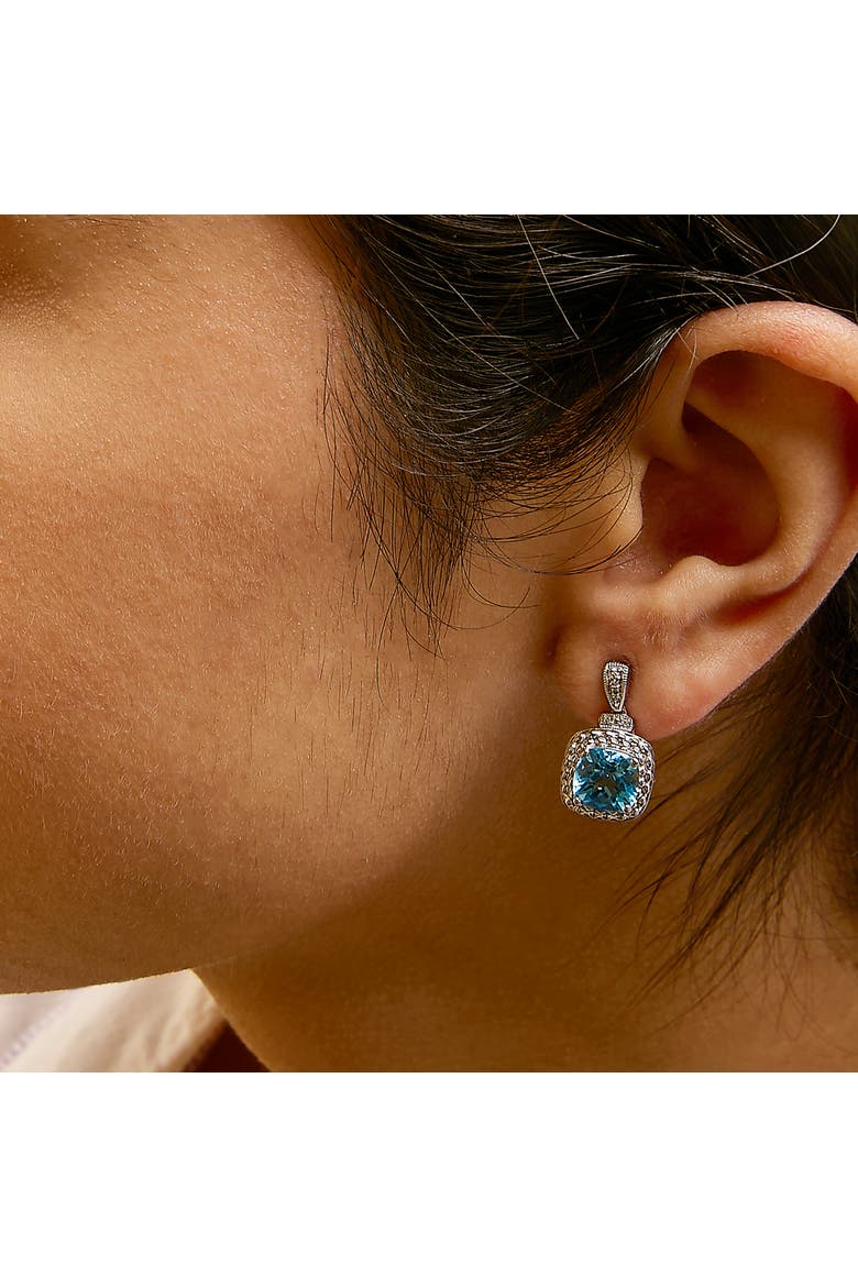 Sterling Silver 8x8mm Cushion Cut Blue Topaz and Diamond Accent Drop Earrings, Alternate, color, Silver