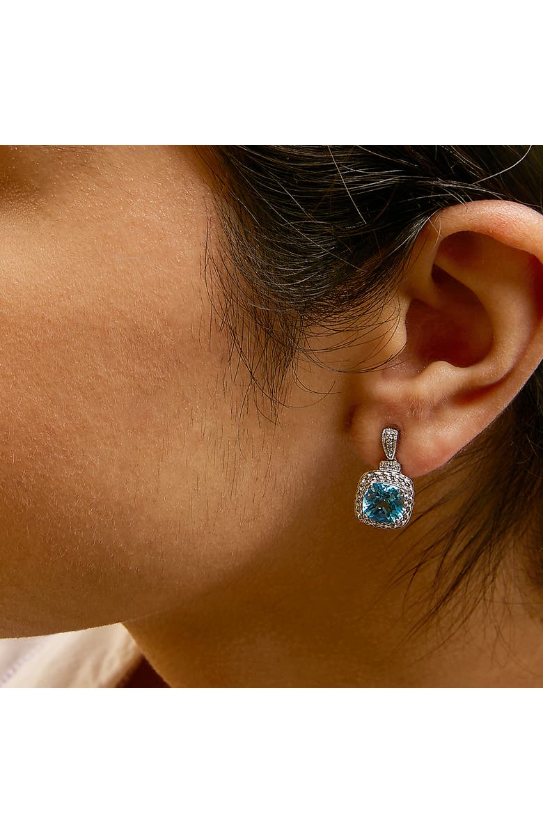 Haus of Brilliance Sterling Silver 8x8mm Cushion Cut Blue Topaz and Diamond Accent Drop Earrings, Alternate, color, Silver
