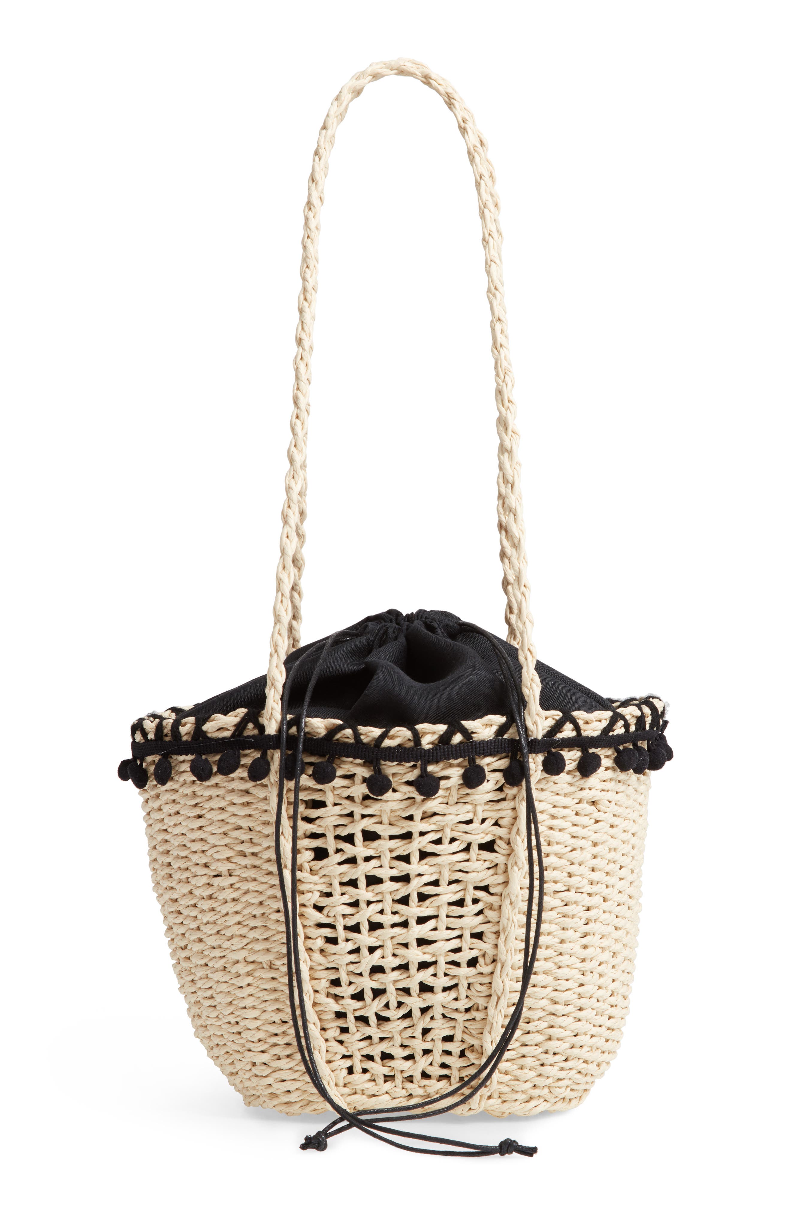 Knotty Straw Pompom Tote, Main, color, 
