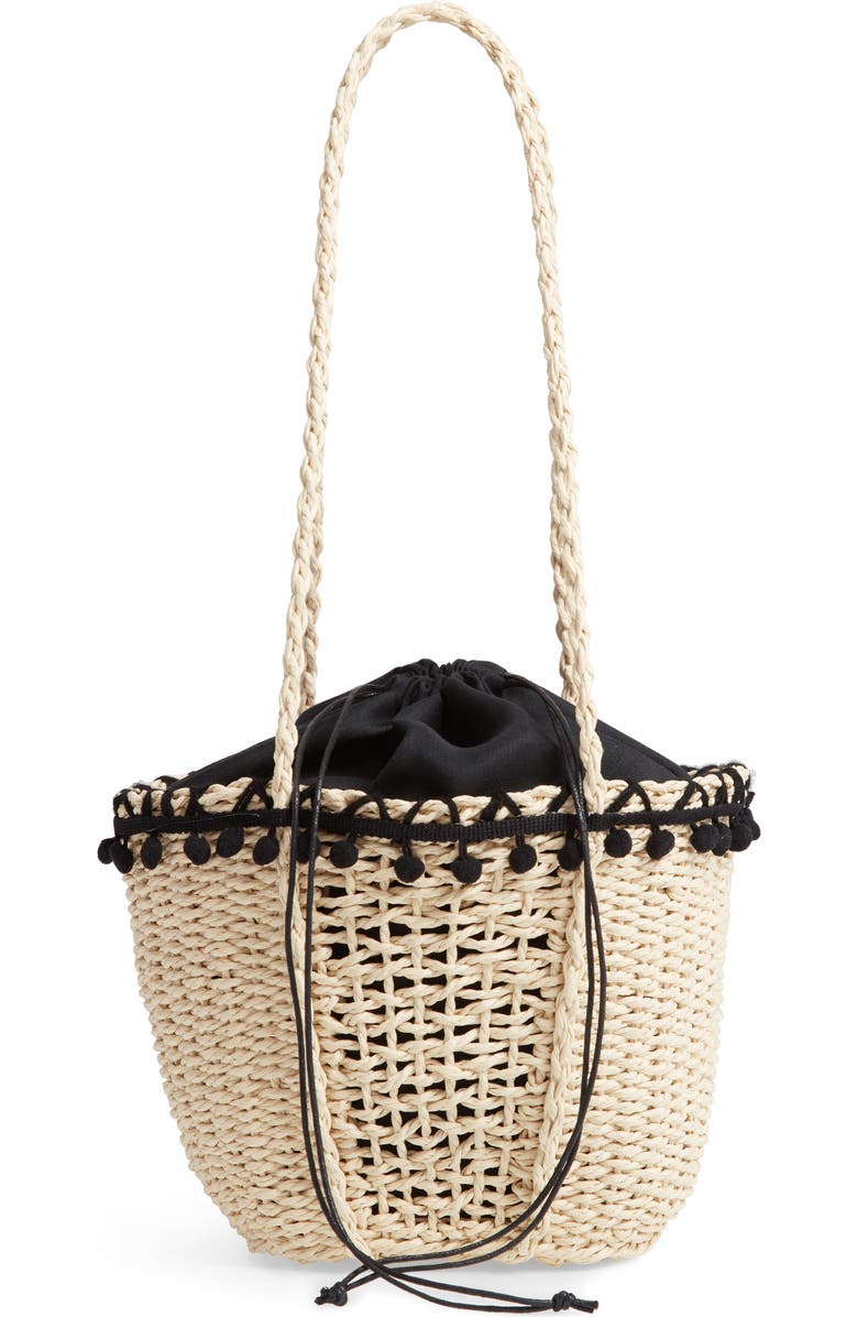 Knotty Straw Pompom Tote, Main, color,