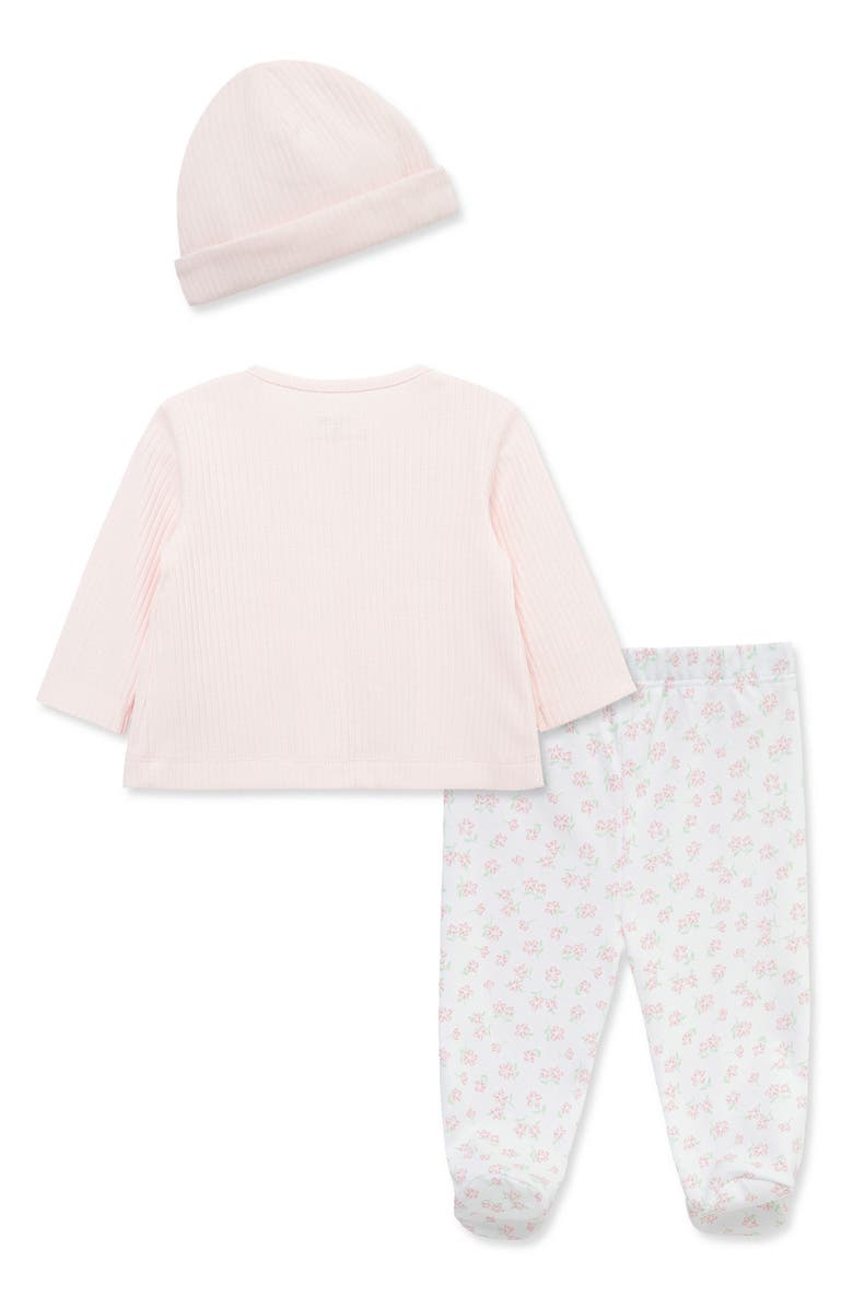 Little Me Pretty Floral Organic Cotton Cardigan, Pants & Hat Set, Alternate, color, Pink