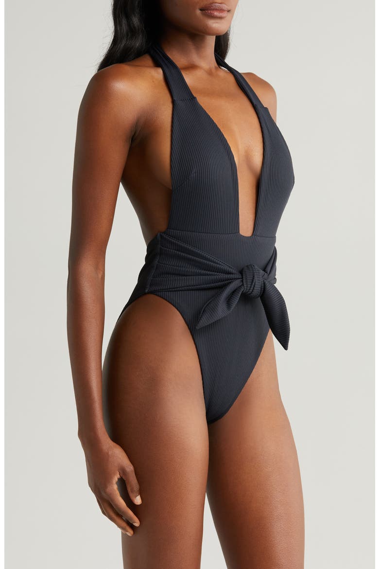 Tropez Tie Waist Halter One-Piece Swimsuit, Alternate, color, BLACK RIB