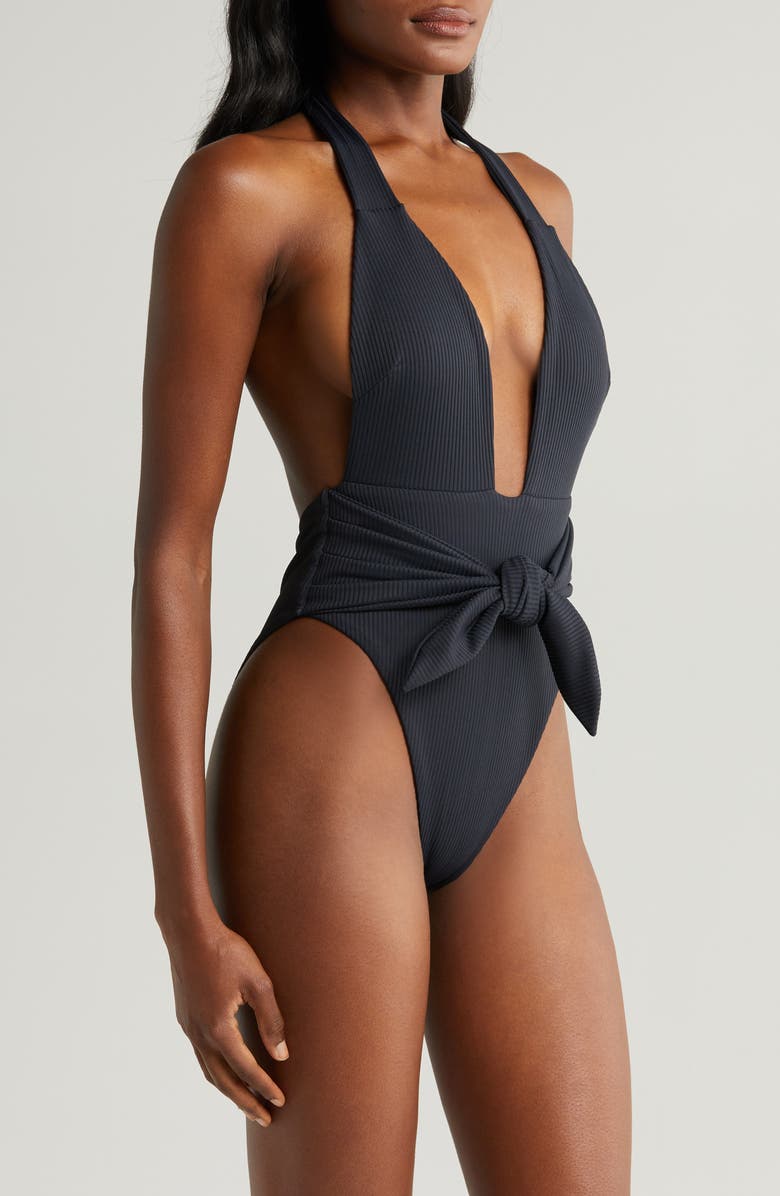 MONTCE Tropez Tie Waist Halter One-Piece Swimsuit, Alternate, color, Black Rib