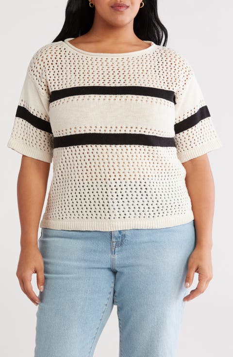 Open Stitch Short Sleeve Cotton Sweater (Plus)
