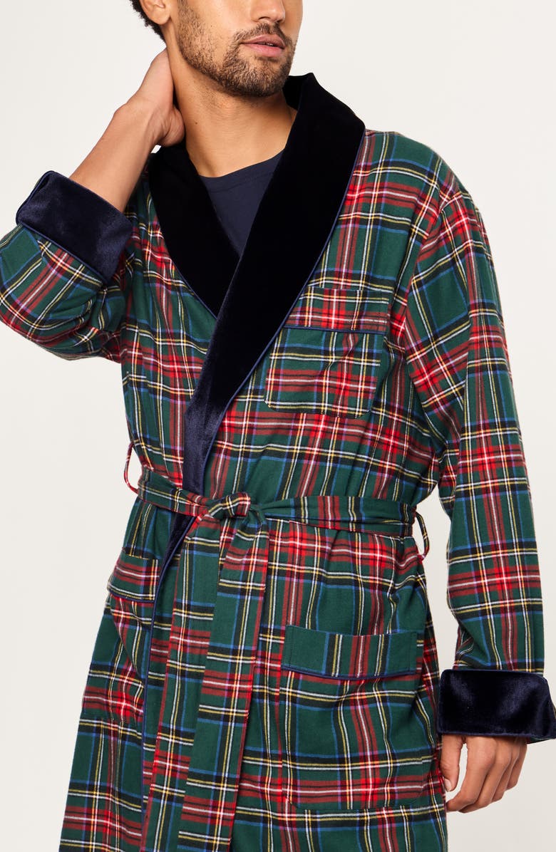 Petite Plume Plaid Cotton Flannel Robe with Velvet Shawl Collar, Alternate, color, Green