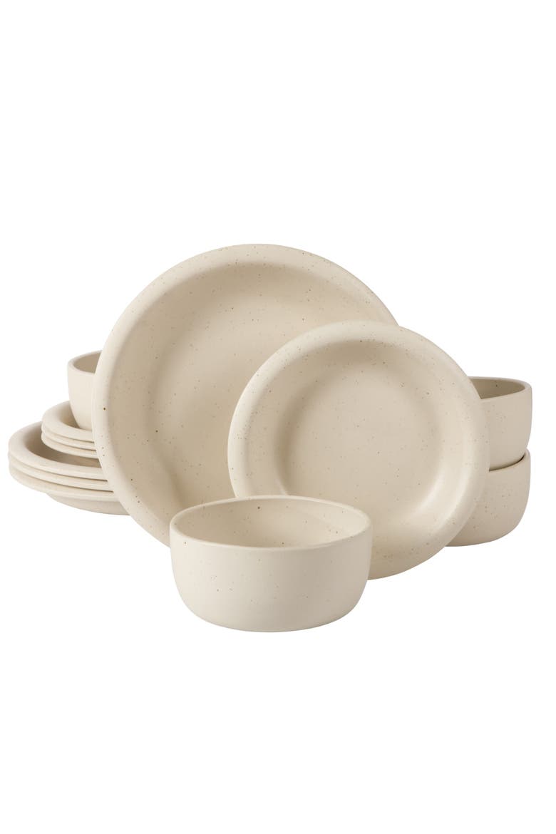 Corsica Clay 12 Piece Stoneware Reactive Glaze Dinnerware Set, Main, color, Linen White