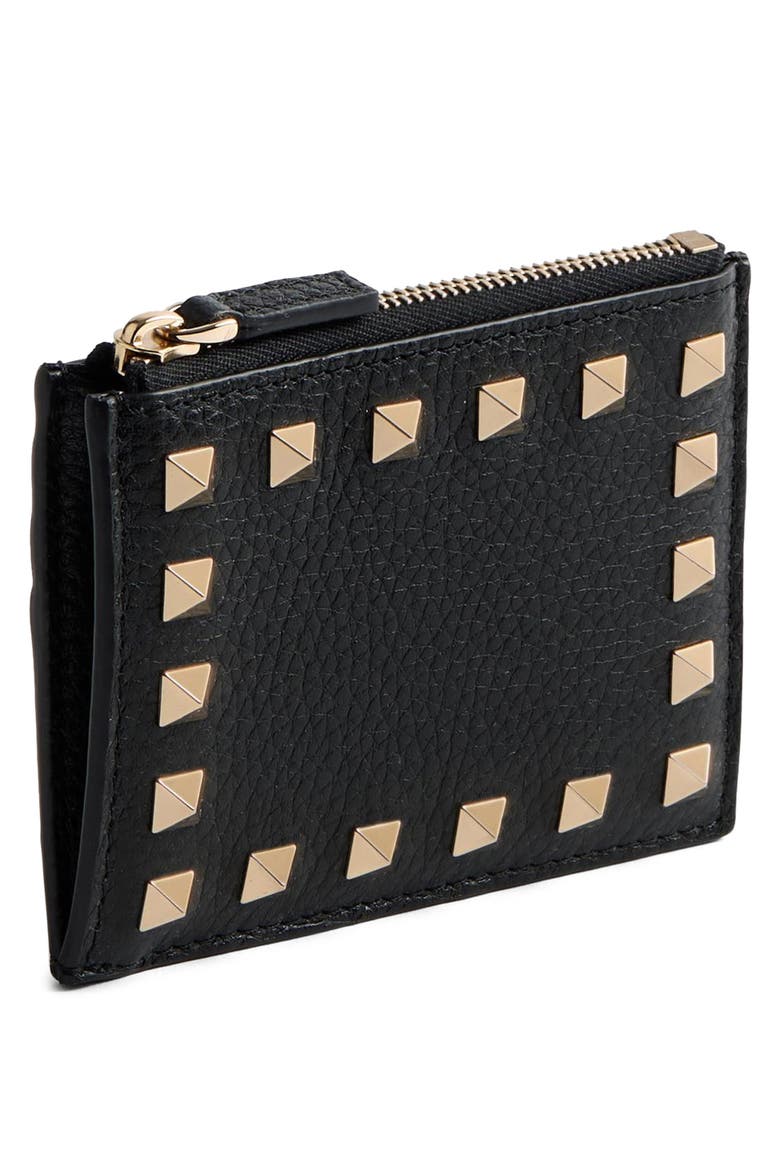 Rockstud Leather Coin Card Case, Alternate, color, BLACK