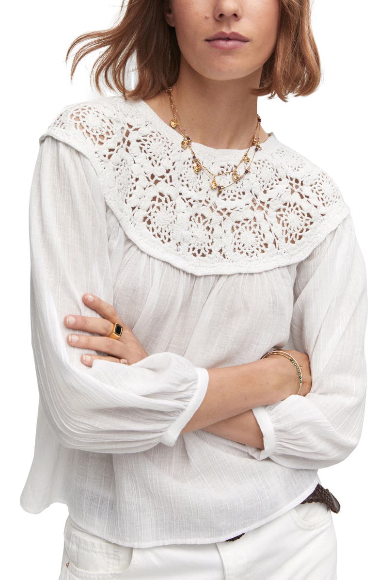 MANGO Crochet Yoke Three Quarter Sleeve Top, Main, color,