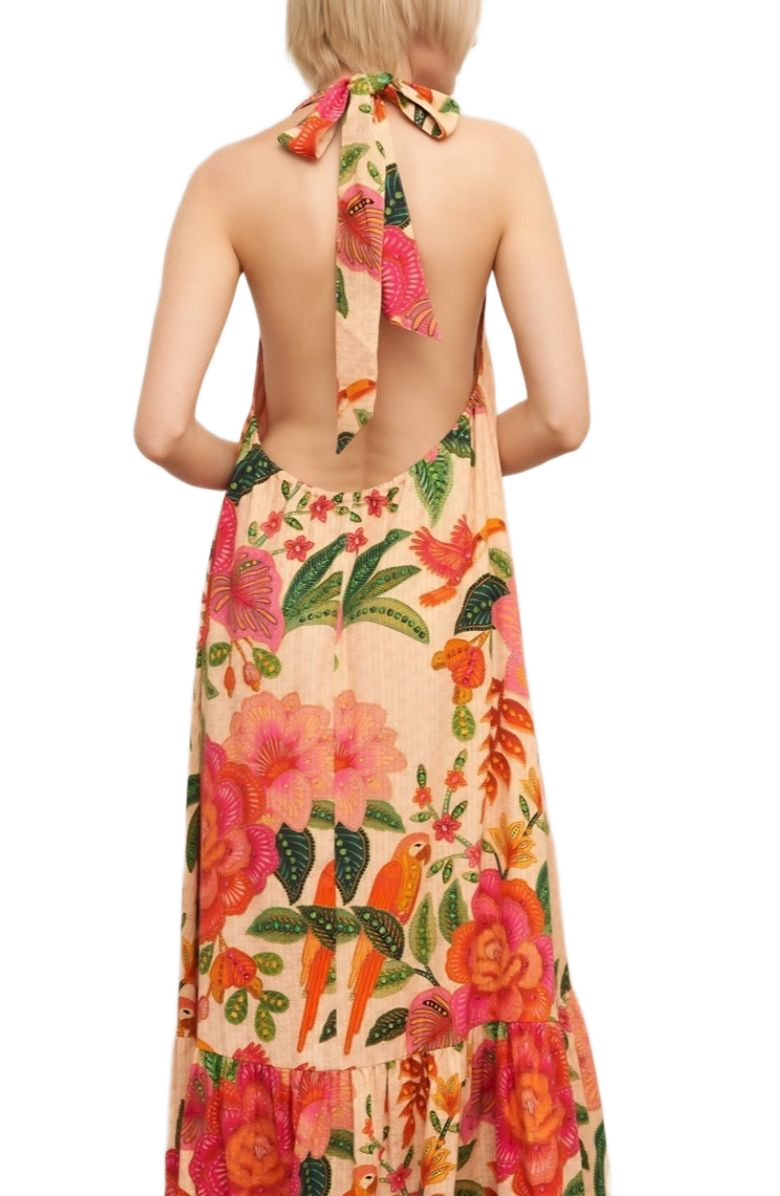 Knit and Lounge Tropical Halter Floral Bird Print Ruffle Hem Sleeveless Maxi Dress, Alternate, color, 
