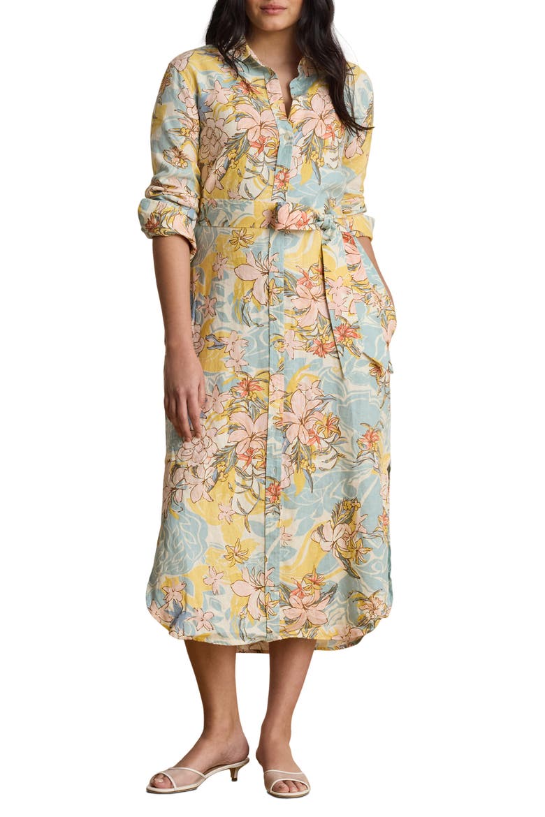 Floral Print Long Sleeve Linen Midi Shirtdress, Main, color, CREAM MULTI