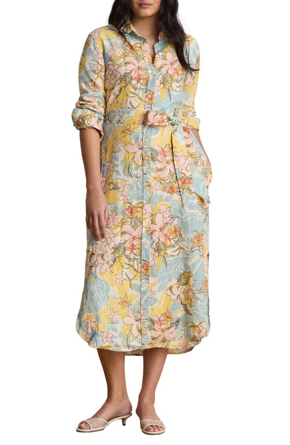 Floral Print Long Sleeve Linen Midi Shirtdress