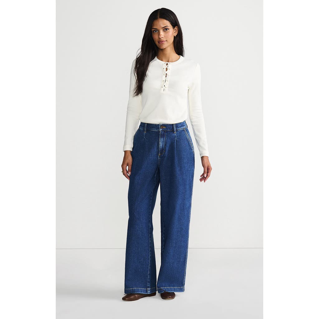 Lands' End High Rise Soft Denim Pleated Wide Leg Trousers In Indigo Tide Blue