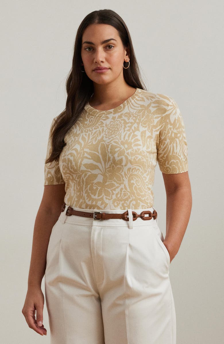 Lauren Ralph Lauren Floral Short Sleeve Cotton Blend Sweater, Alternate, color, Cream Multi