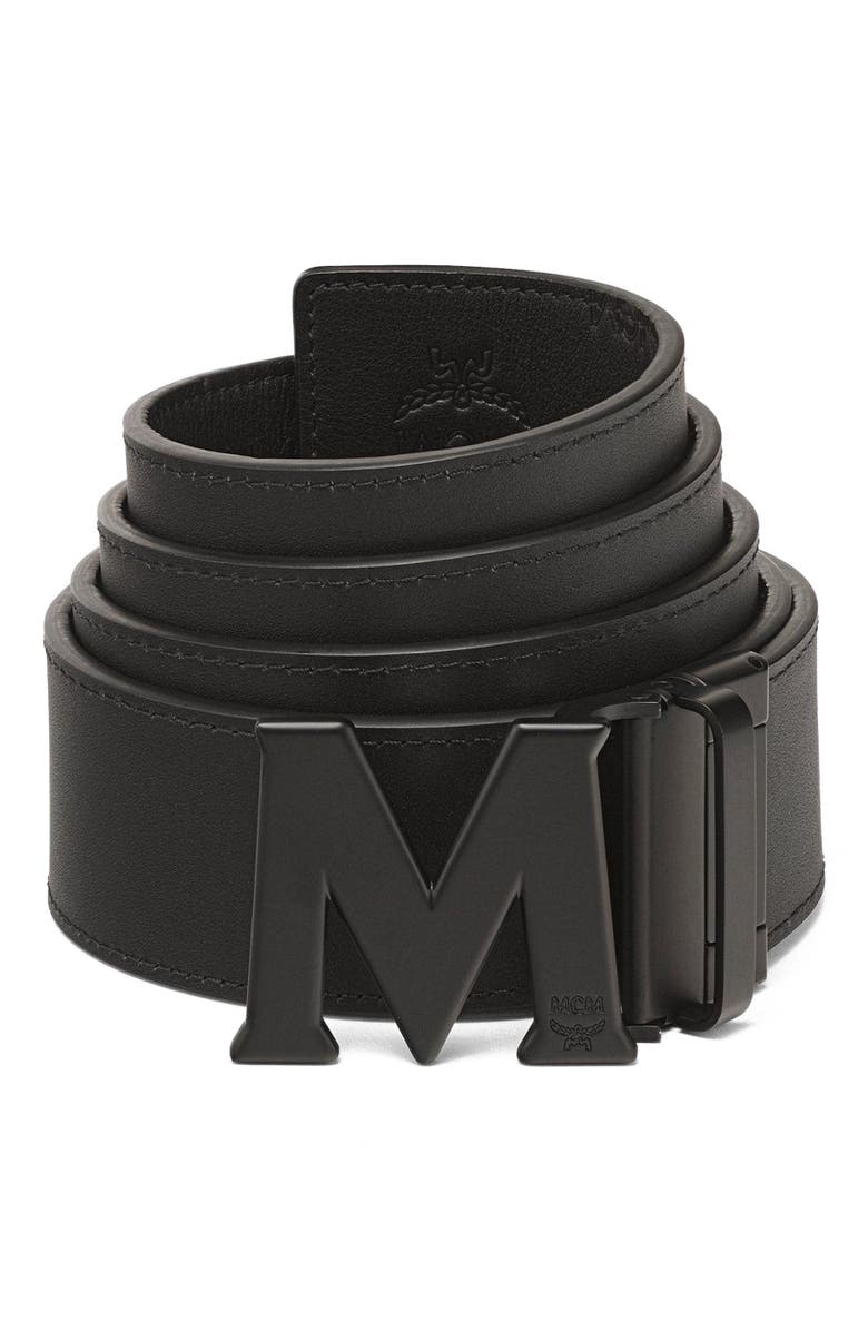 MCM Claus M Reversible Belt 1.75 in Embossed Monogram Leather, Alternate, color, Black / Matte Black