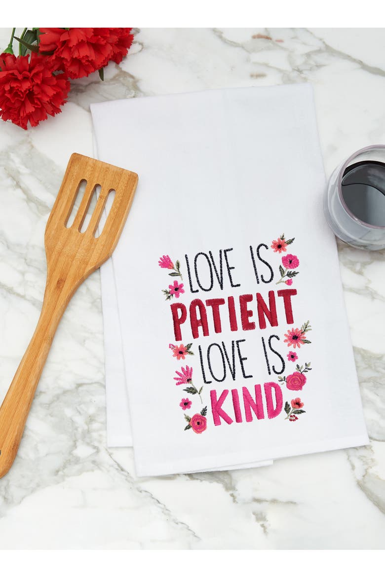 "Love Is Patient & Kind" Flowers Embroidered 100% Cotton Flour Sack Dishtowel, Alternate, color, red