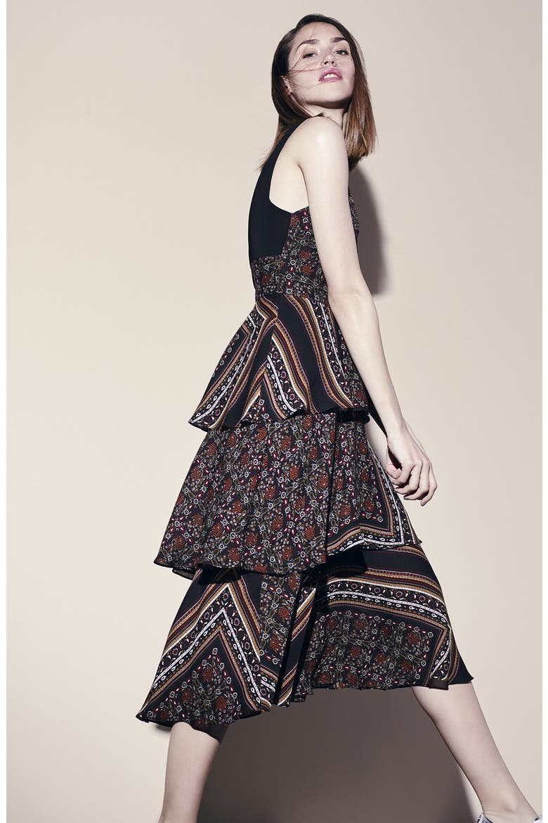 'Hayley' Tiered Print Silk Dress, Alternate, color, BROWN MULTI