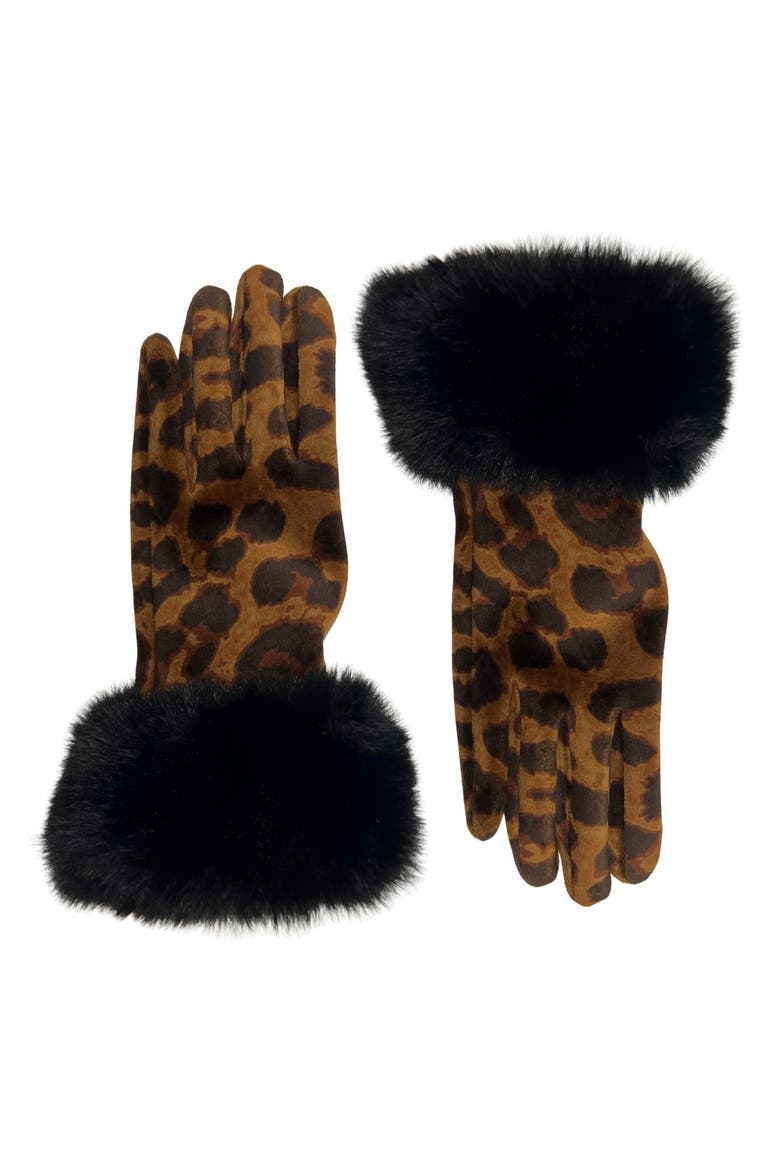 Cheetah Print Velvet Gloves with Faux Fur Trim, Main, color, BROWN