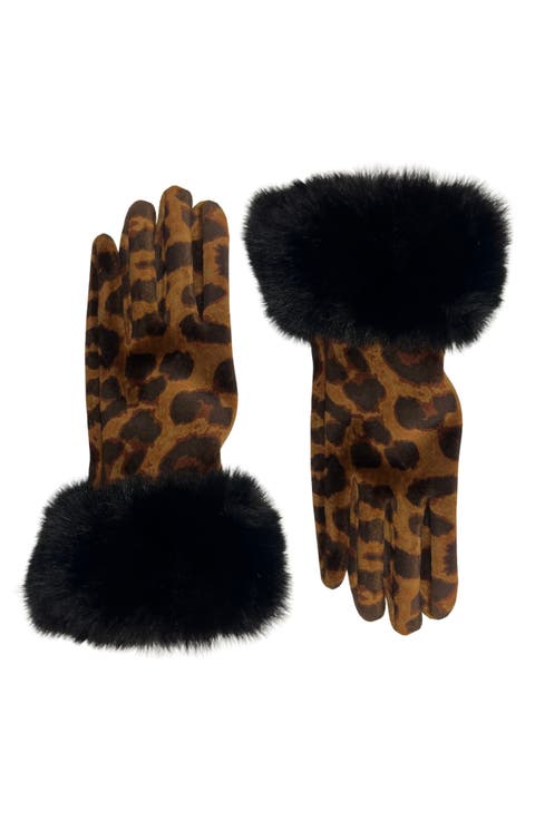 Cheetah Print Velvet Gloves with Faux Fur Trim