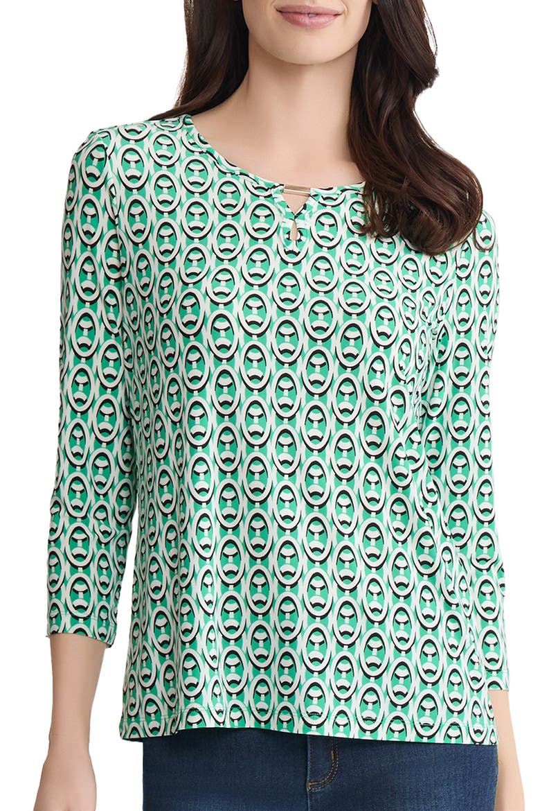 Abstract Print Keyhole Three-Quarter Sleeve Crepe Top, Main, color, KELLY MULTI