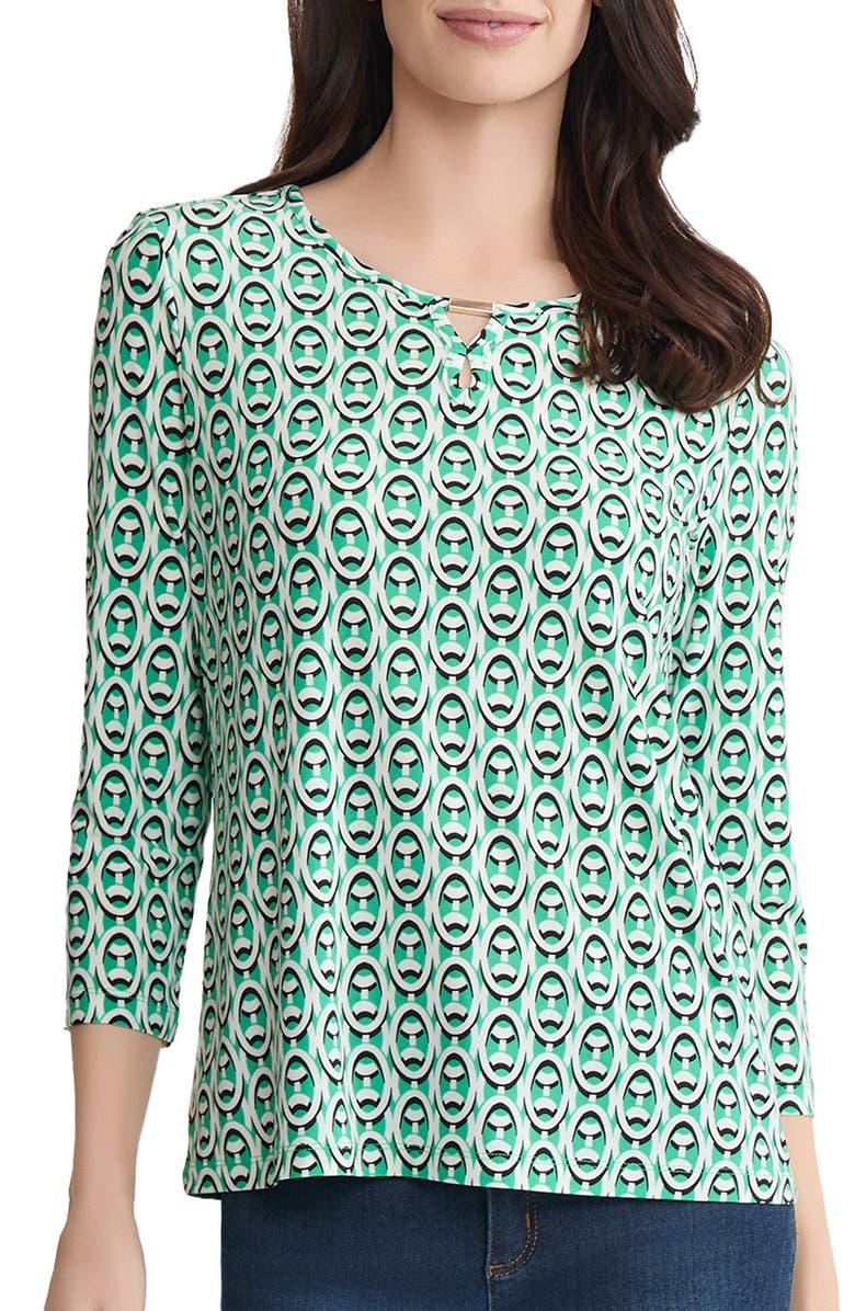 Jones New York Abstract Print Keyhole Three-Quarter Sleeve Crepe Top, Main, color,