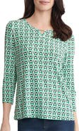 Jones New York Abstract Print Keyhole Three-Quarter Sleeve Crepe Top