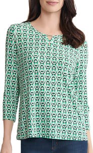 Jones New York Abstract Print Keyhole Three-Quarter Sleeve Crepe Top