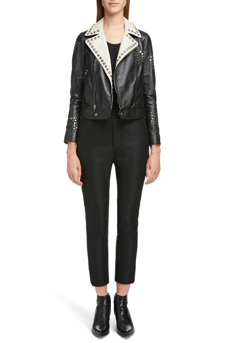 Contrast Lapel Studded Leather Jacket, Alternate, color, NOIR / CREME / COGNAC / SILVER