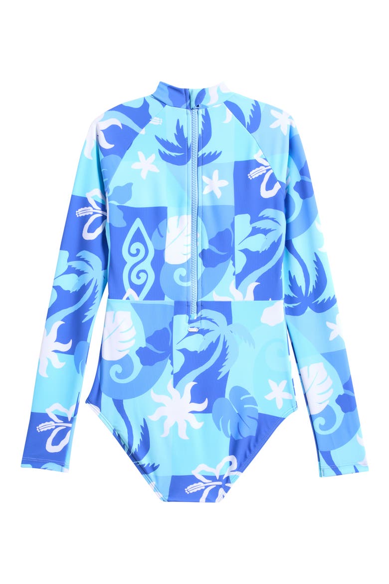 Kids' Tropical Dawn Long Sleeve One-Piece Surf Swimsuit, Alternate, color, BLUE LAGOON