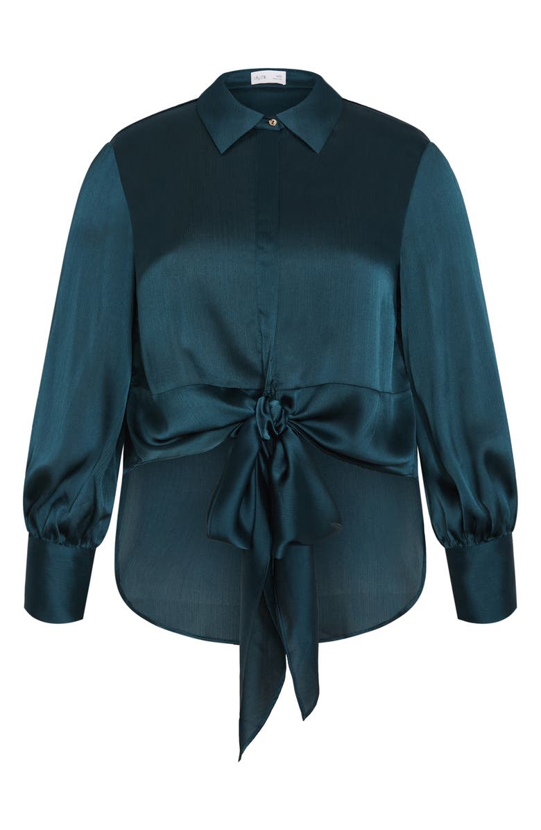 City Chic Ellie Long Sleeve Tie Front Satin Shirt, Alternate, color, Deep Teal