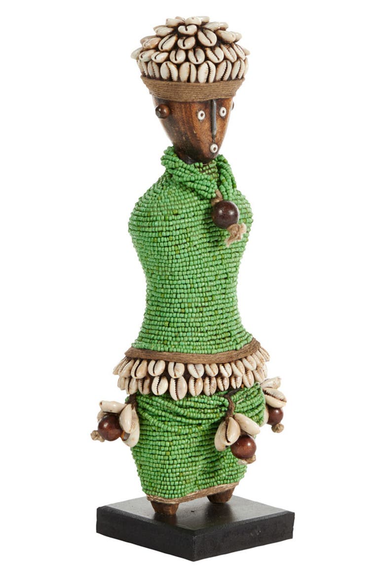Small Handcrafted Cowrie Shell & Green Bead Woman Doll, Alternate, color, GREEN