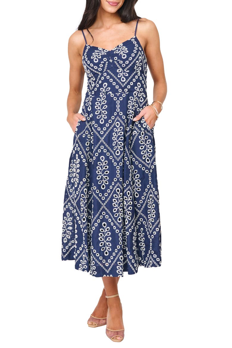 Amanda Eyelet Cotton Sundress, Main, color, NAVY EYELET