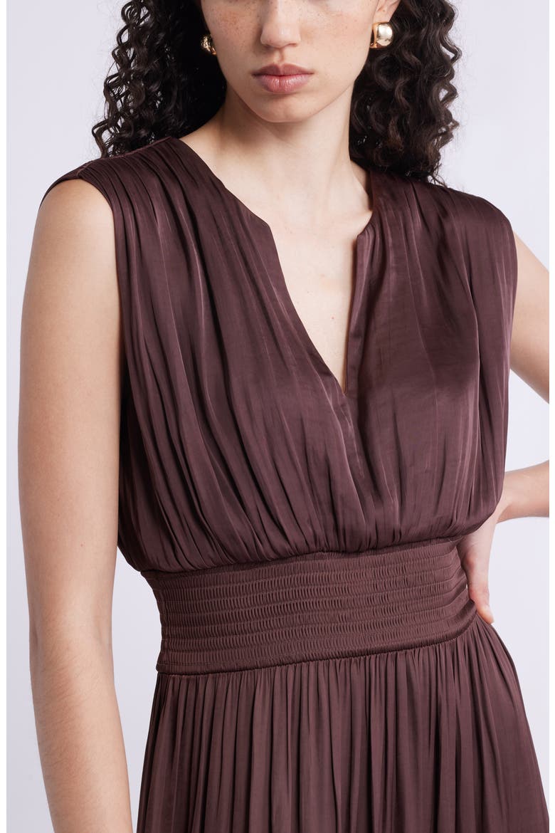 Sleeveless Smocked Satin Maxi Dress, Alternate, color, BROWN MALICACIA