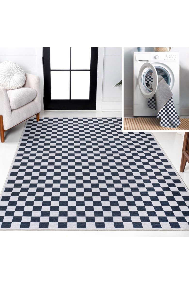 Ainsley Modern Cottage Checkerboard Washable Area Rug, Main, color, Dark Blue-White
