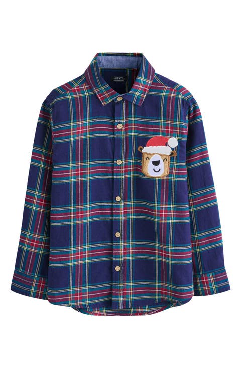 Kids' Plaid Santa Bear Appliqué Cotton Button-Up Shirt (Baby, Toddler & Little Kid)