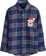 NEXT Kids' Plaid Santa Bear Appliqué Cotton Button-Up Shirt
