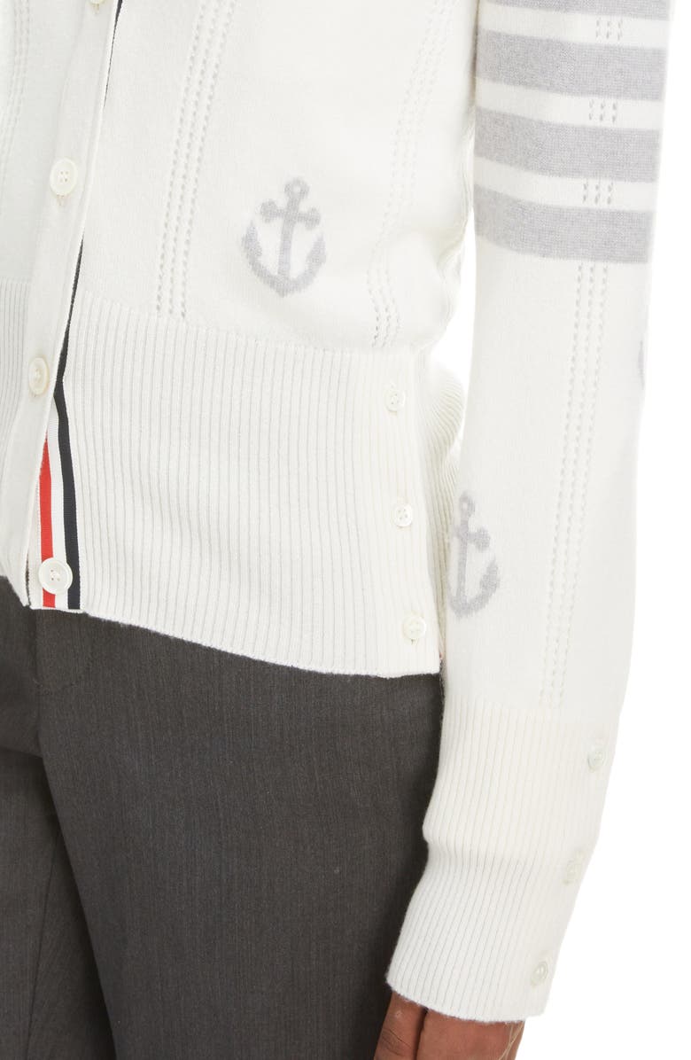 Thom Browne 4-Bar Anchor Intarsia V-Neck Cashmere Cardigan, Alternate, color,